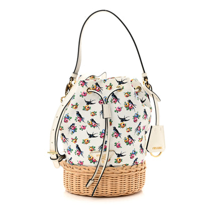 Prada Wicker Canvas Floral Print Bucket Bag White Multicolor 1 of 11