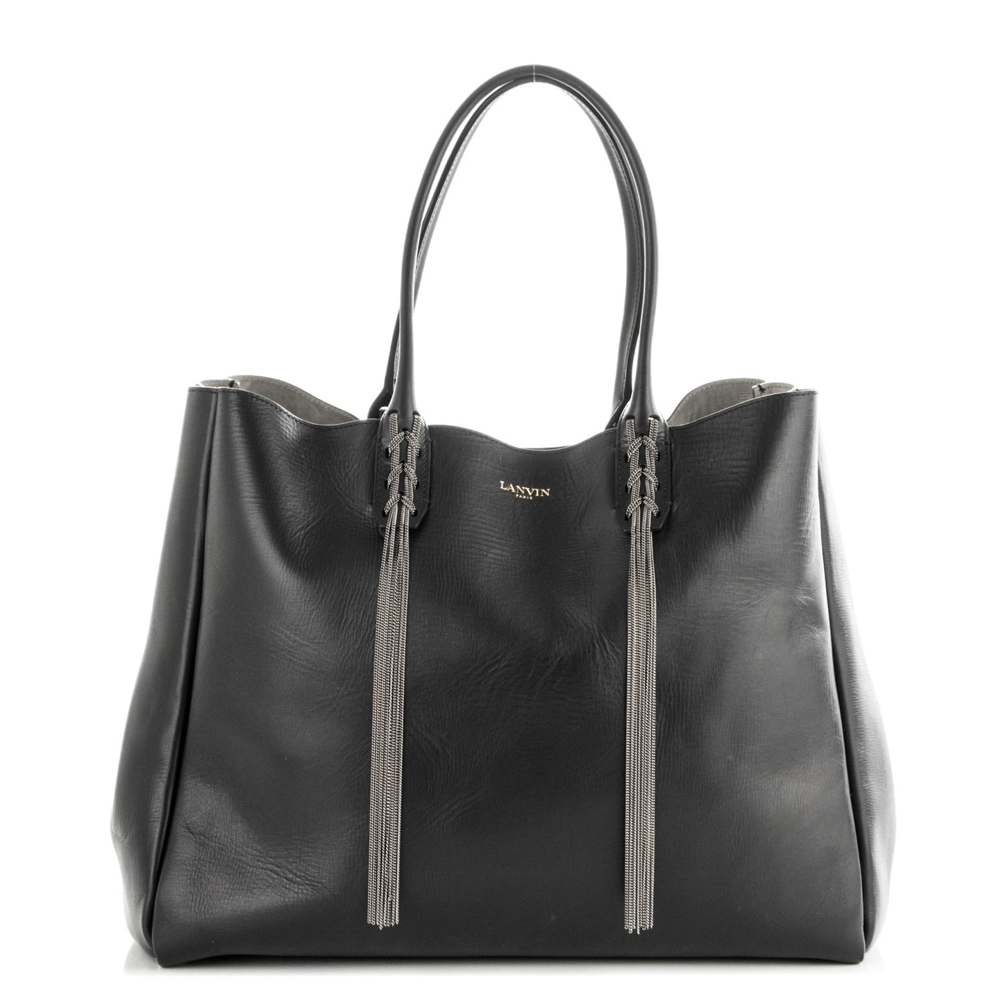 Glazed Calfskin Braided Metal Chain Fringe Shopper Tote Black