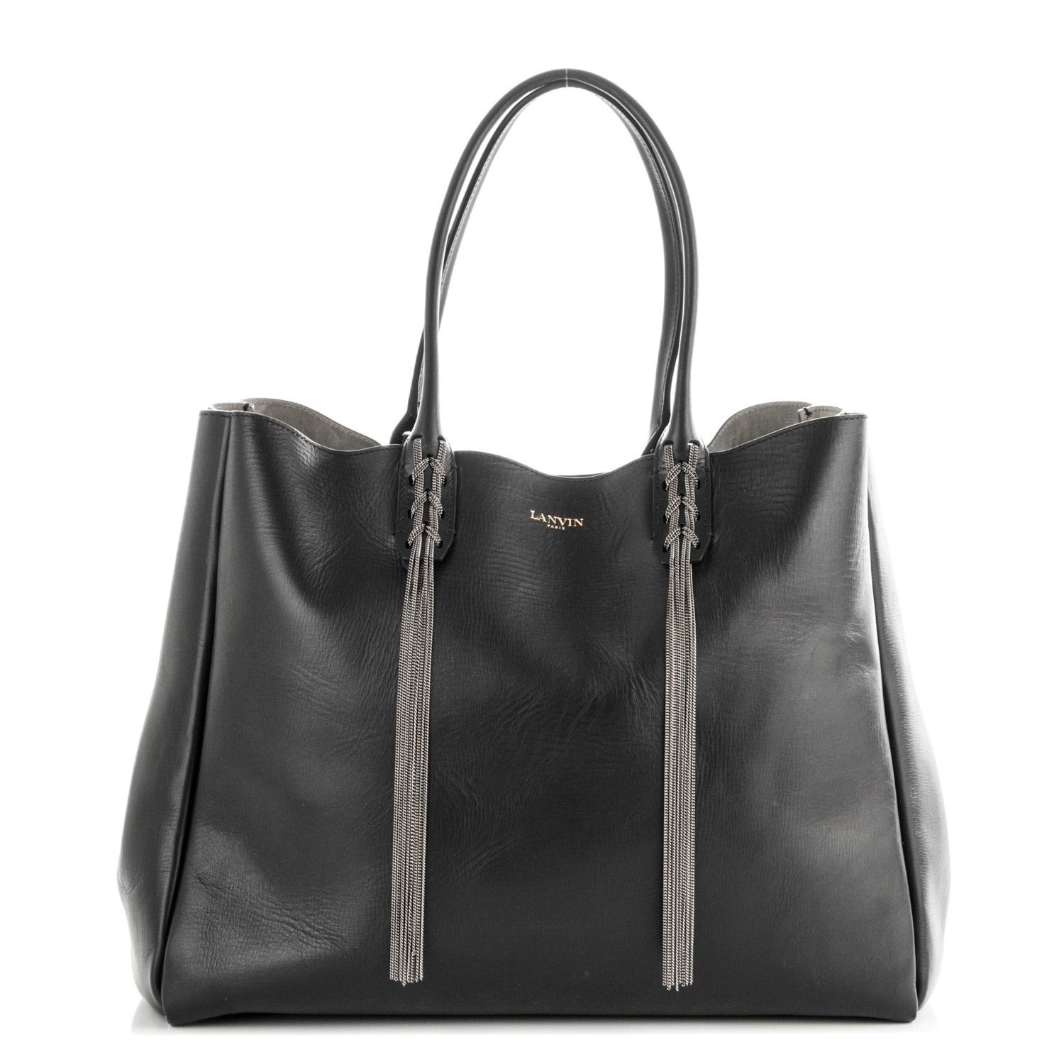 Lanvin Glazed Calfskin Braided Metal Chain Fringe Shopper Tote Black 1 of 6