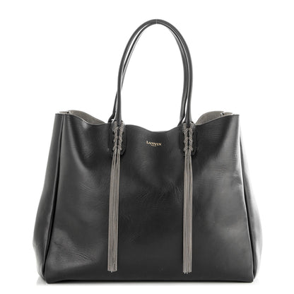 Lanvin Glazed Calfskin Braided Metal Chain Fringe Shopper Tote Black 1 of 6