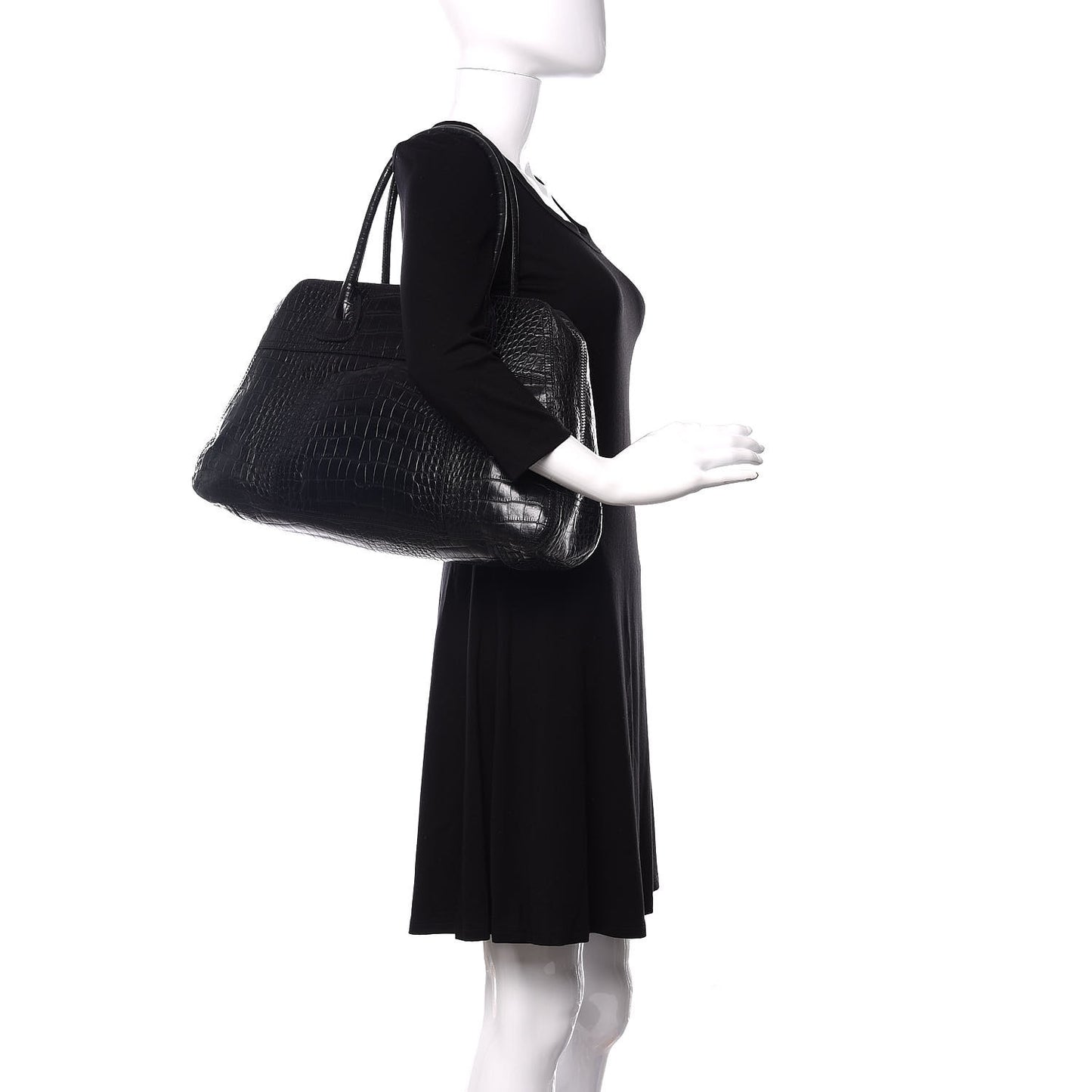 Calfskin Crocodile Embossed Satchel Black