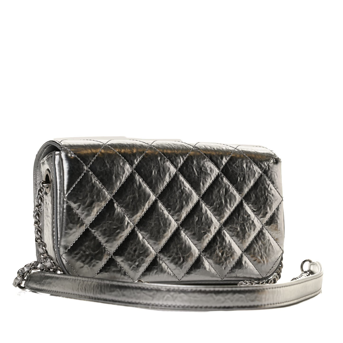 Hammered Metallic Calfskin Quilted Flap Silver