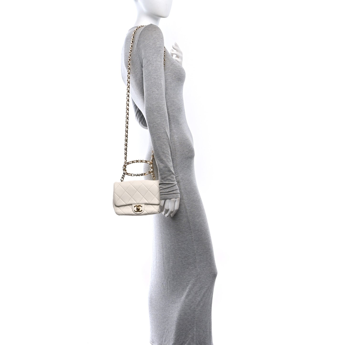Lambskin Metal Quilted Mini Top Handle Square Flap White