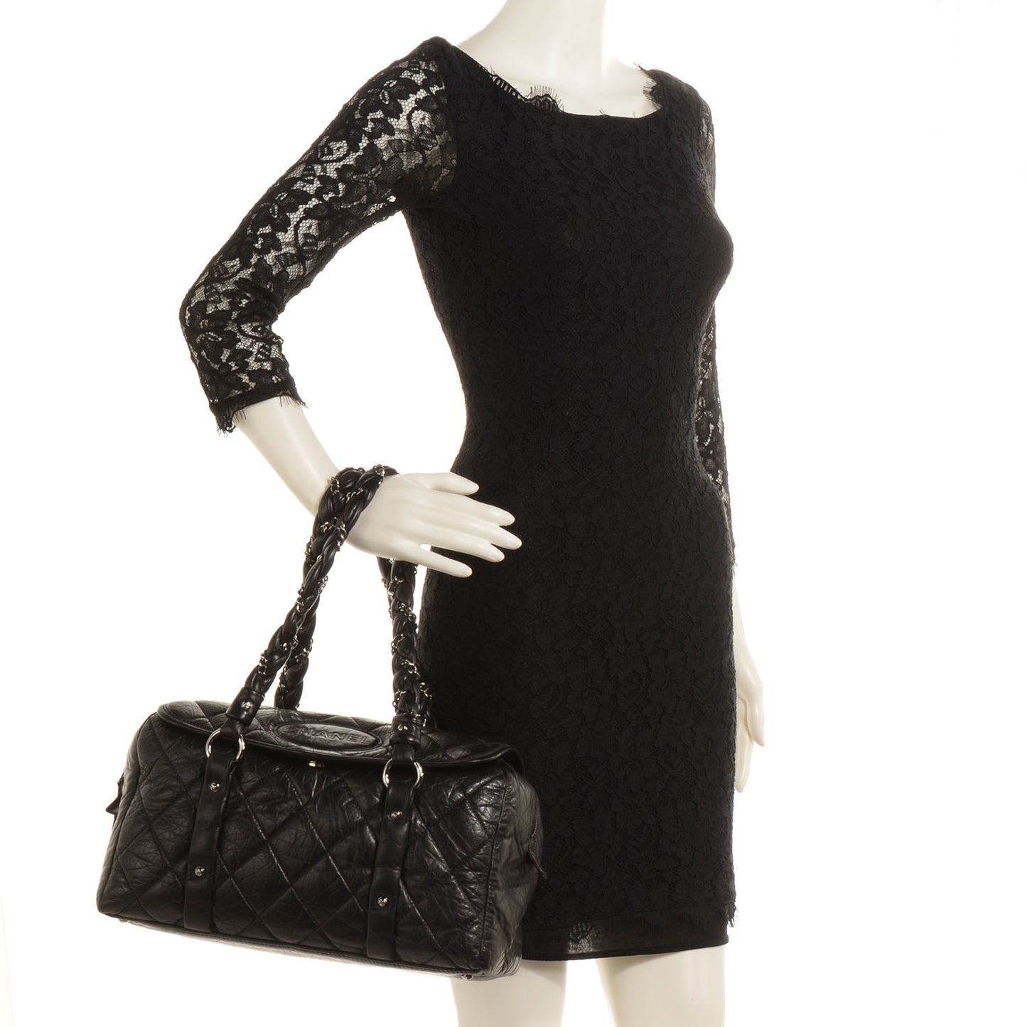 Distressed Lambskin Lady Braid Flap Tote Black
