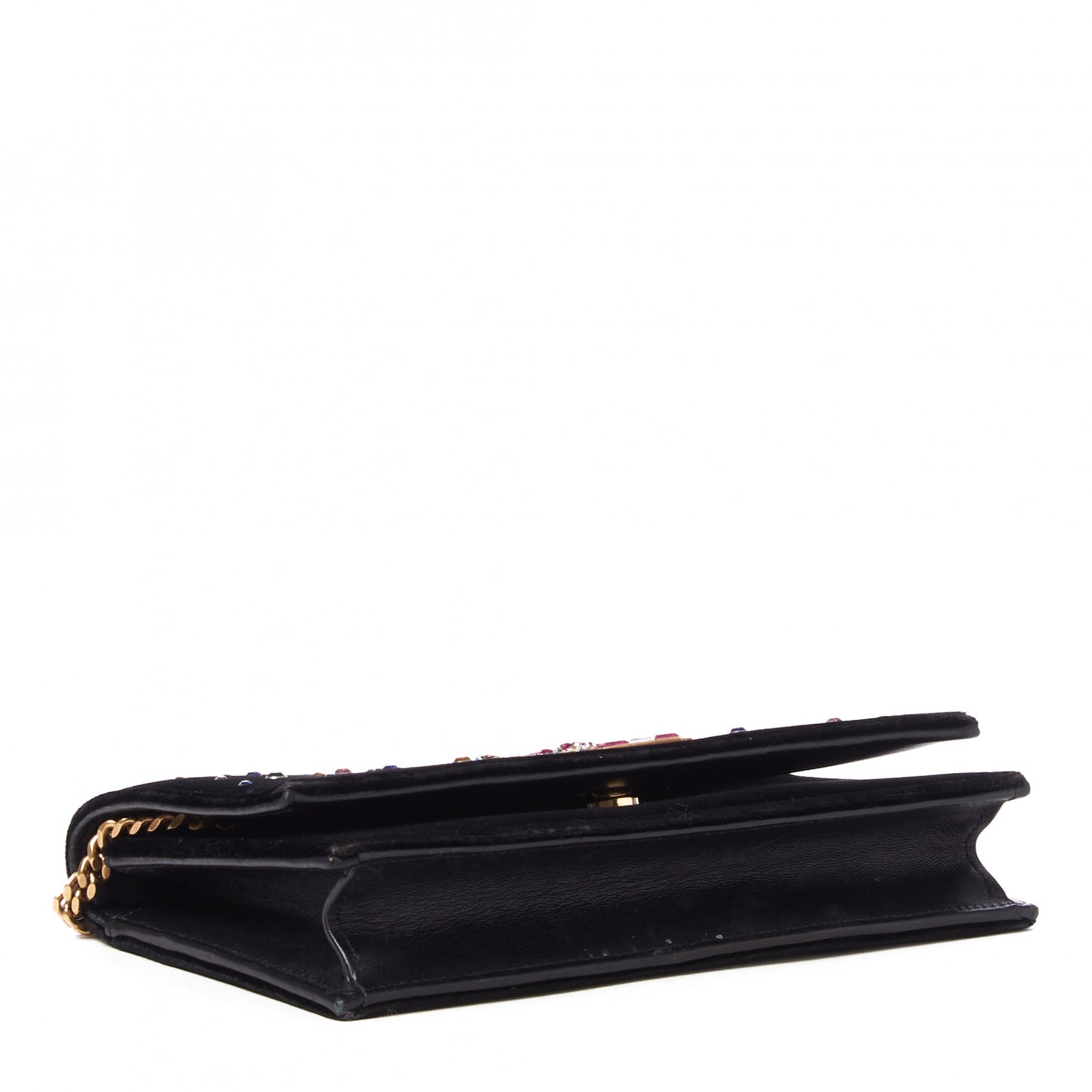Velvet Crystal Embellished Monogram Kate Chain Wallet Black
