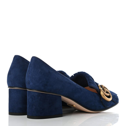 Gucci Kid Scamosciato GG Marmont Fringe 50mm Loafer Pumps 35 Blue Ink 4 of 8