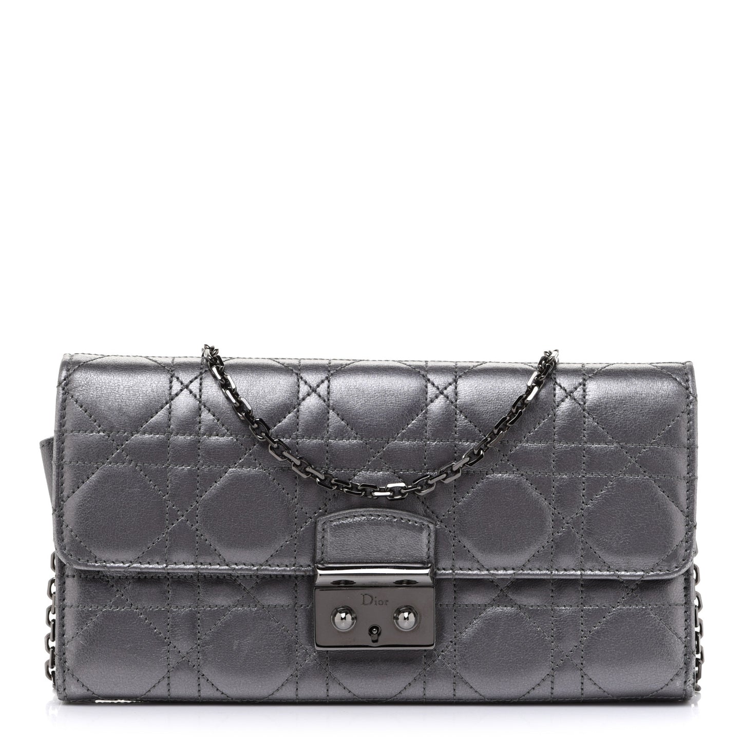 Metallic Lambskin Cannage Miss Dior Chain Wallet Silver