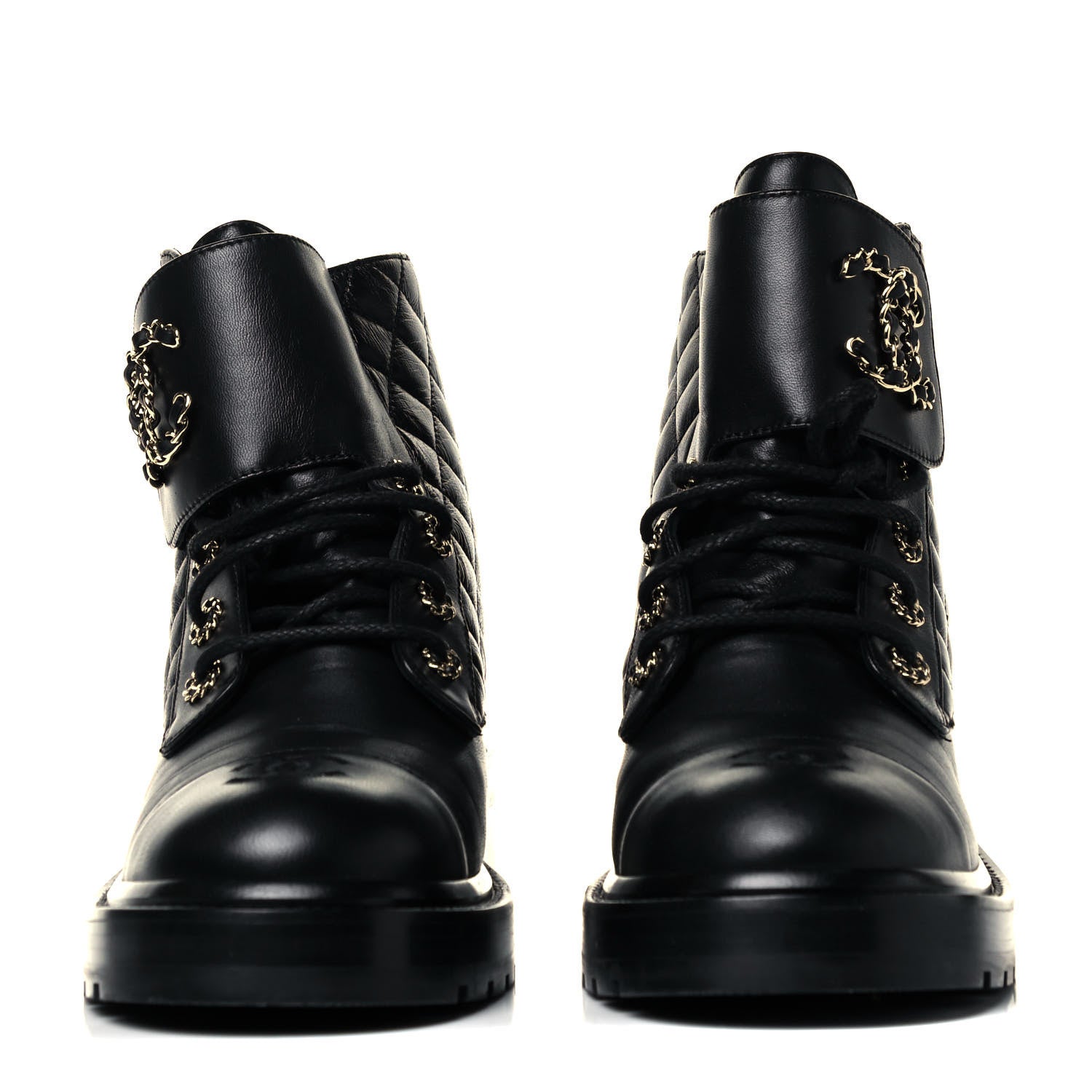 Chanel Shiny Lambskin Quilted Lace Up Combat Boots 41 Black 3 of 7