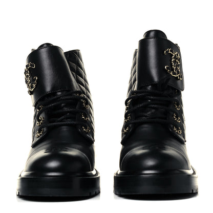 Chanel Shiny Lambskin Quilted Lace Up Combat Boots 41 Black 3 of 7