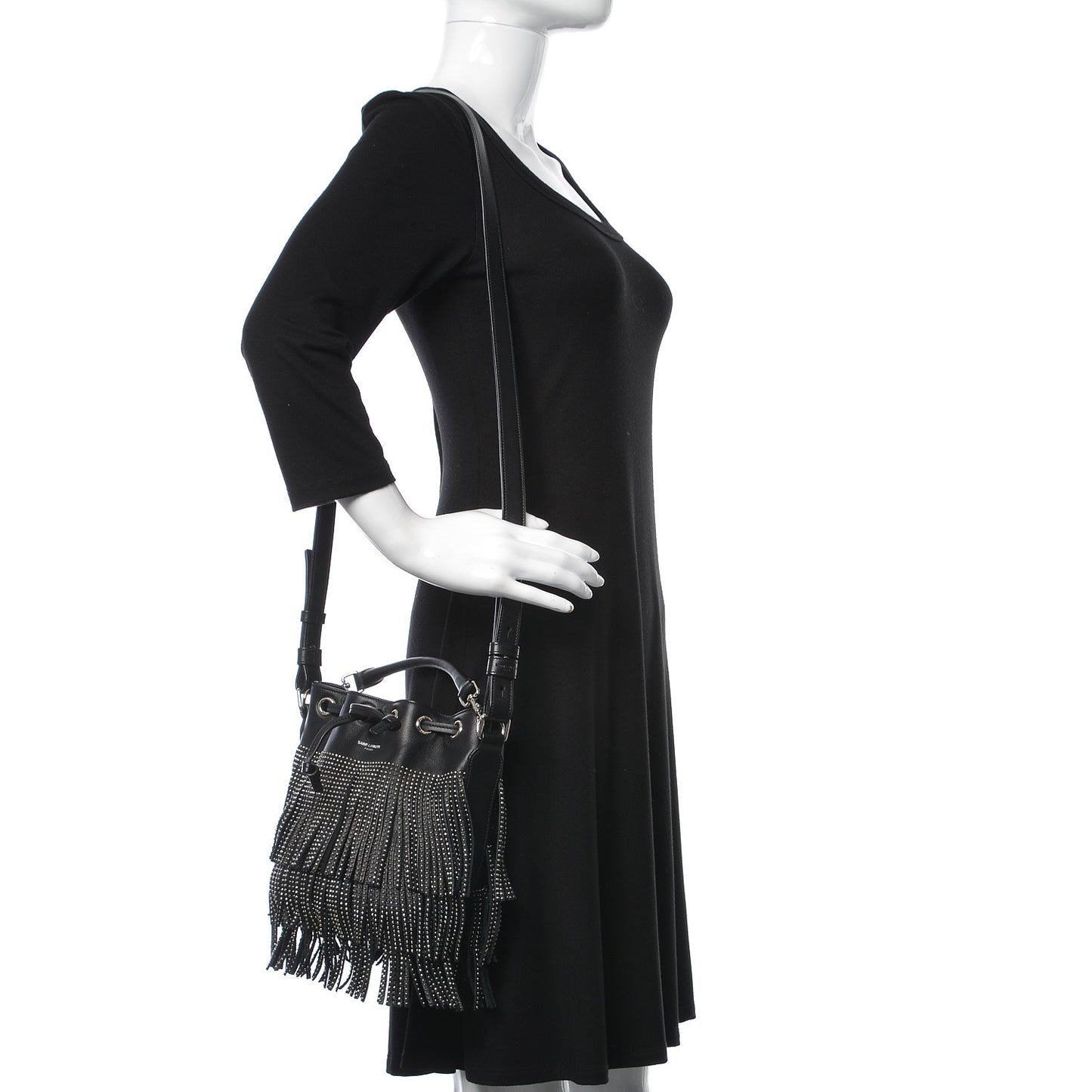 Calfskin Studded Small Emmanuelle Fringe Bucket Bag Black