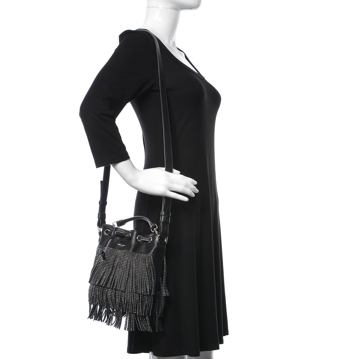 Saint Laurent Calfskin Studded Small Emmanuelle Fringe Bucket Bag Black 2 of 10