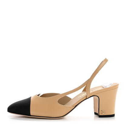 Chanel Goatskin Grosgrain Cap Toe CC Slingback Pumps 39 Beige Black 1 of 9