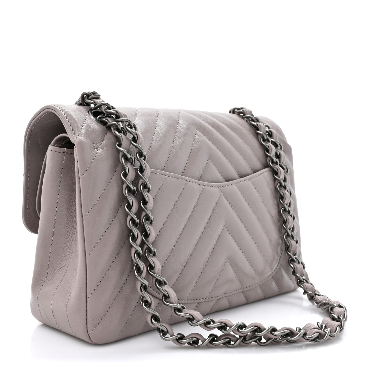 Crumpled Calfskin Chevron Quilted Small Double Flap Grey