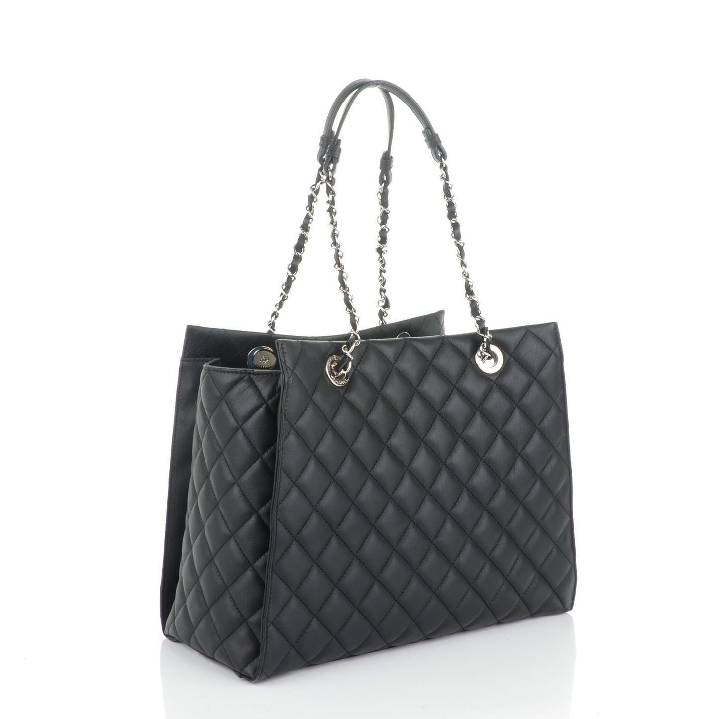 Calfskin Quilted Large Chic and Soft Shopping Tote Black