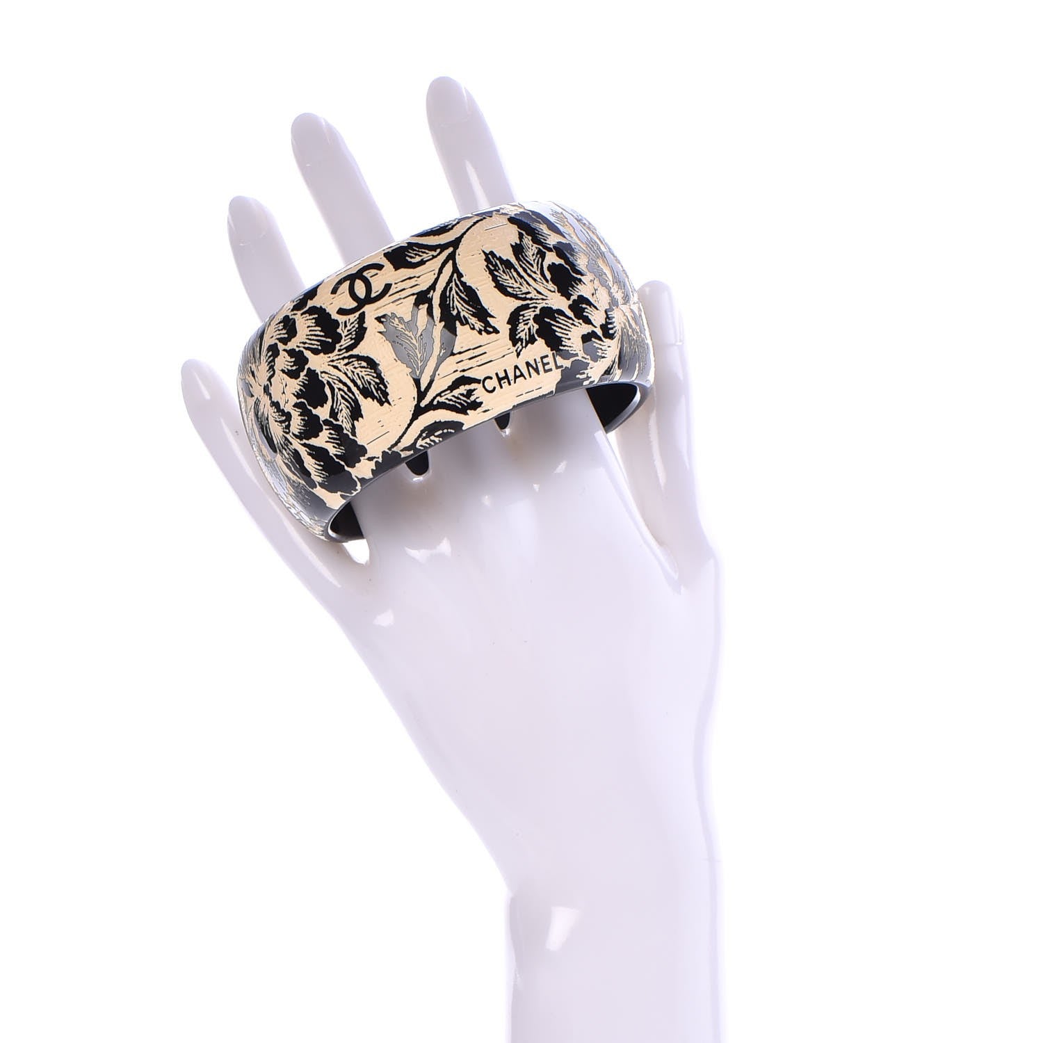Chanel Resin Laser Etched Floral Bangle Black Cream 2 of 4