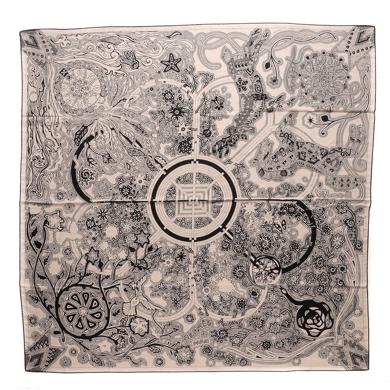 Hermes Cashmere Silk L'Arbre Du Vent Shawl 140 Naturel Noir 1 of 9