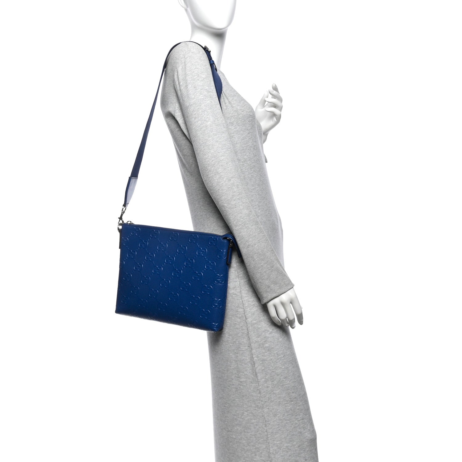 Gucci Calfskin GG Tennis Embossed Medium Wristlet Messenger Bag Intense Metal Blue 2 of 10