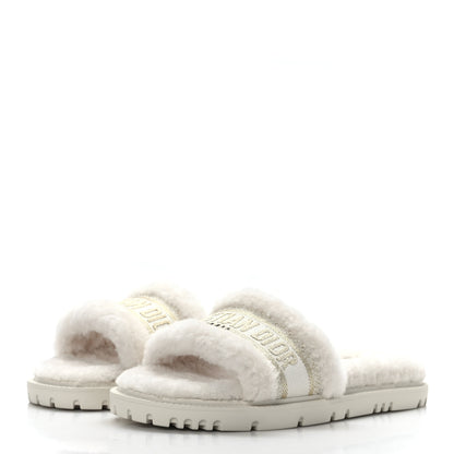 Christian Dior Shearling Canvas Lurex Embroidered Dway 10mm Slide Sandals 38.5 Natural Platinum 3 of 8
