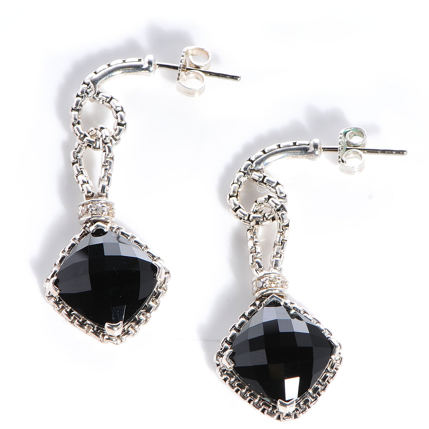 Sterling Silver Black Onyx White Sapphires Drop Earrings