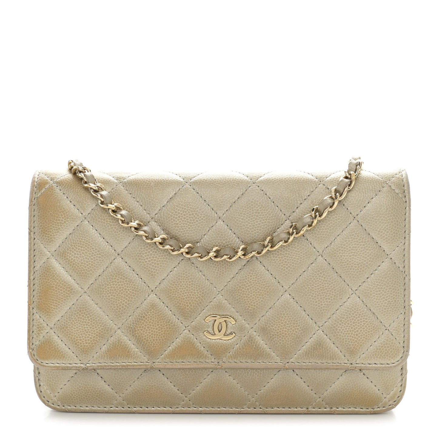 Metallic Caviar Quilted Wallet On Chain WOC Light Gold