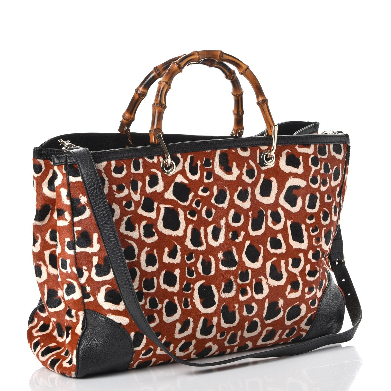 Gucci Calf Hair Leopard Print Large Bamboo Shopper Tote Red 4 of 10