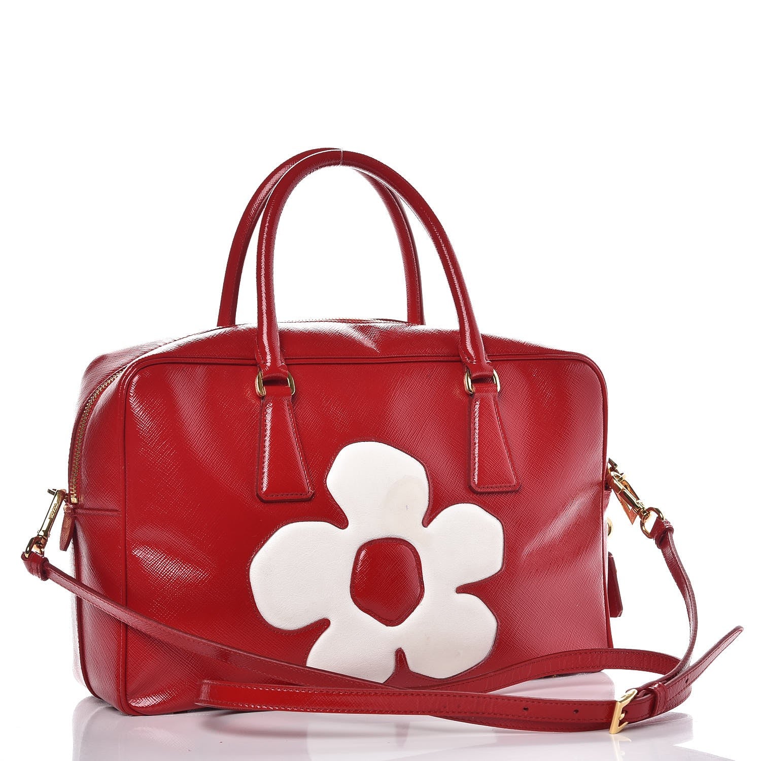 Prada Saffiano Vernice Floral Bauletto Bag Rosso Bianco 3 of 12