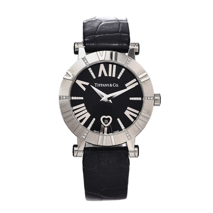 Tiffany 18K White Gold Alligator Diamond 30mm Atlas Quartz Watch Black 1 of 5
