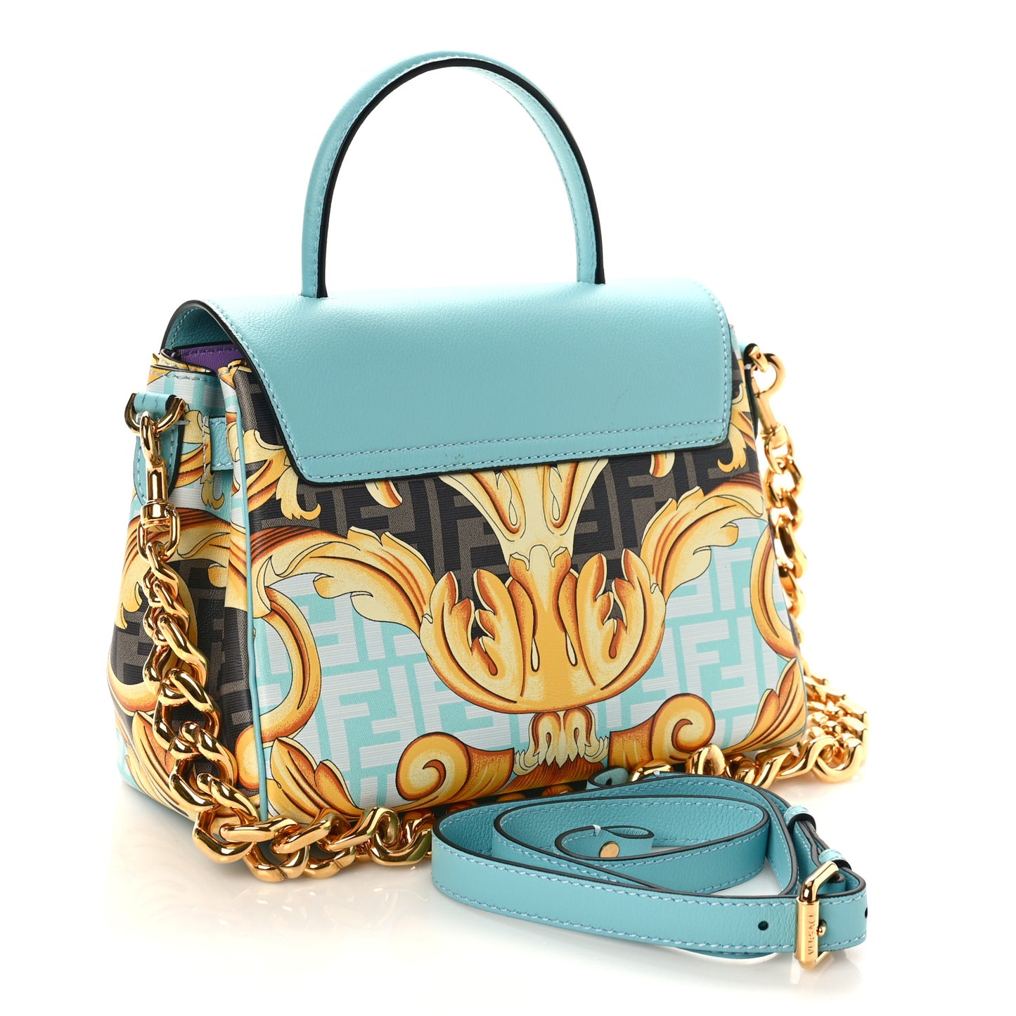 X FENDI Grained Calfskin Fendace La Medusa Medium Top Handle Bag Baby Blue Multicolor