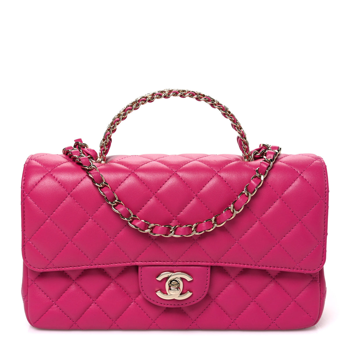 Lambskin Quilted Medium Crystal Top Handle Rectangular Flap Dark Pink