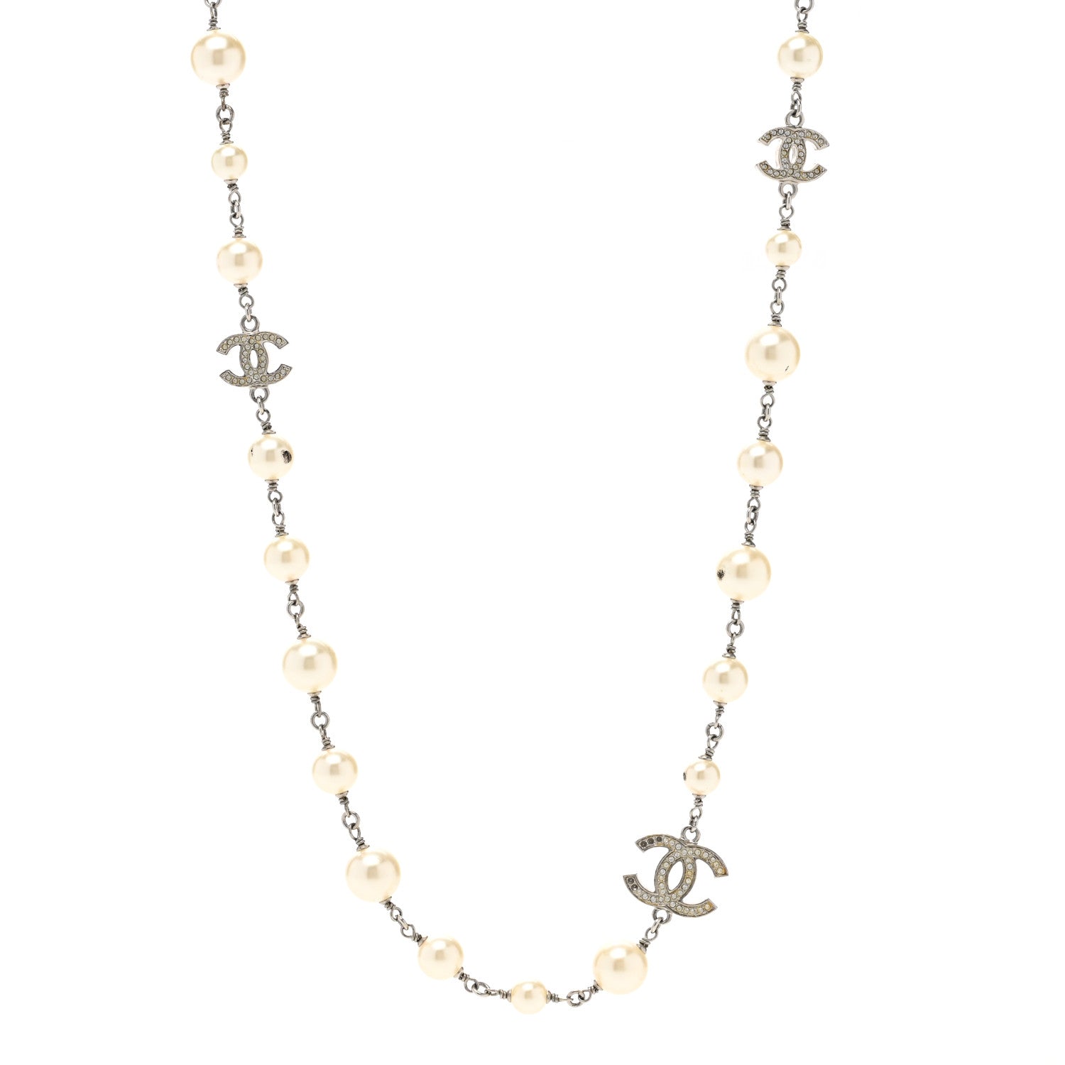Chanel Graduated Pearl Crystal CC Long Necklace Silver 1 of 8