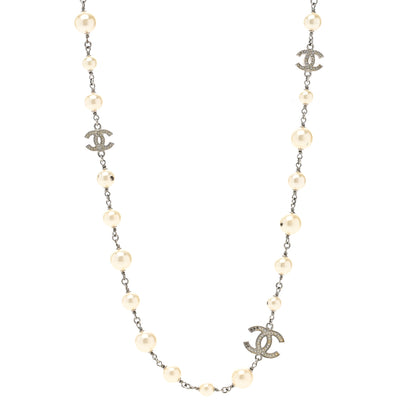 Chanel Graduated Pearl Crystal CC Long Necklace Silver 1 of 8