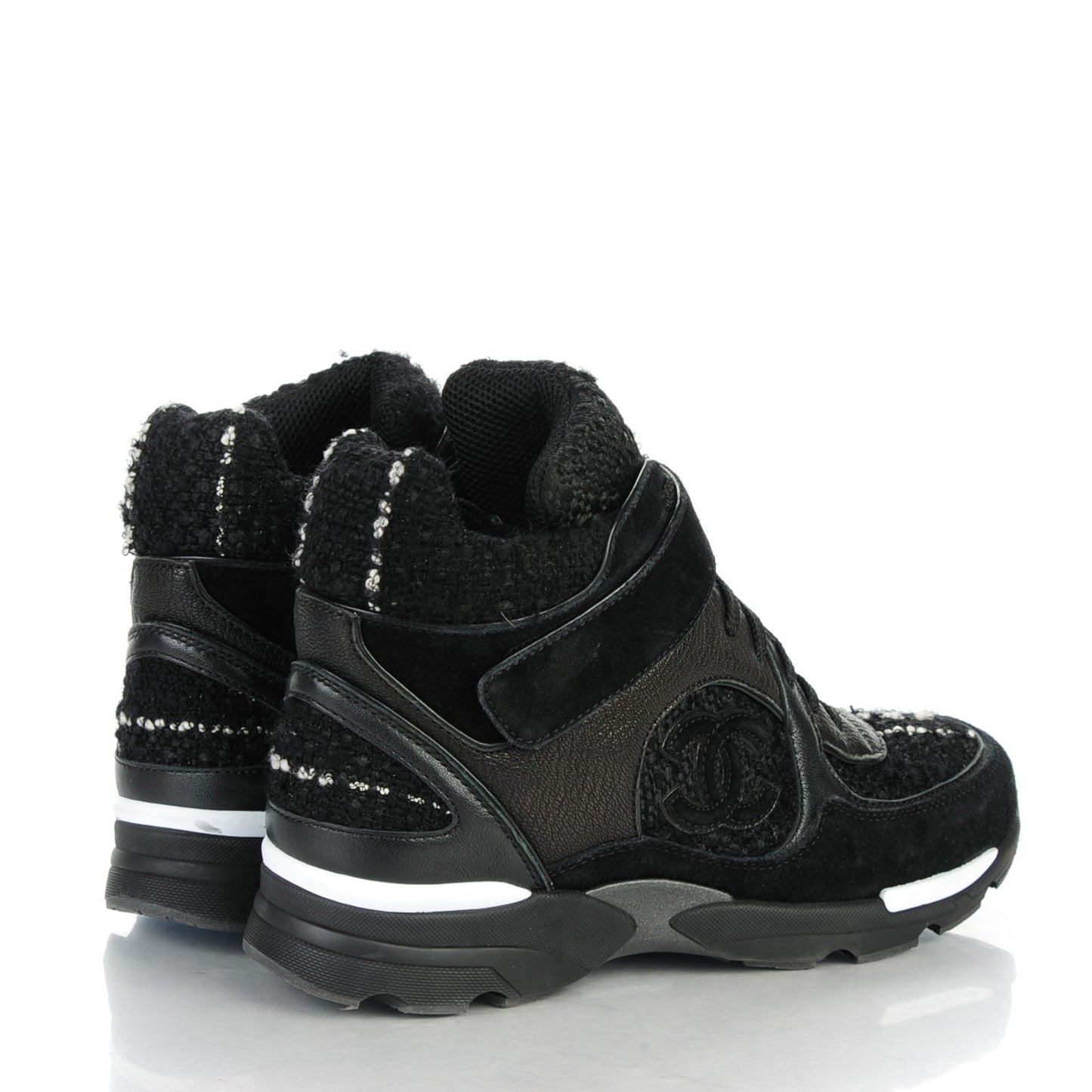 Tweed Suede Goatskin CC High Top Sneakers 37 Black White