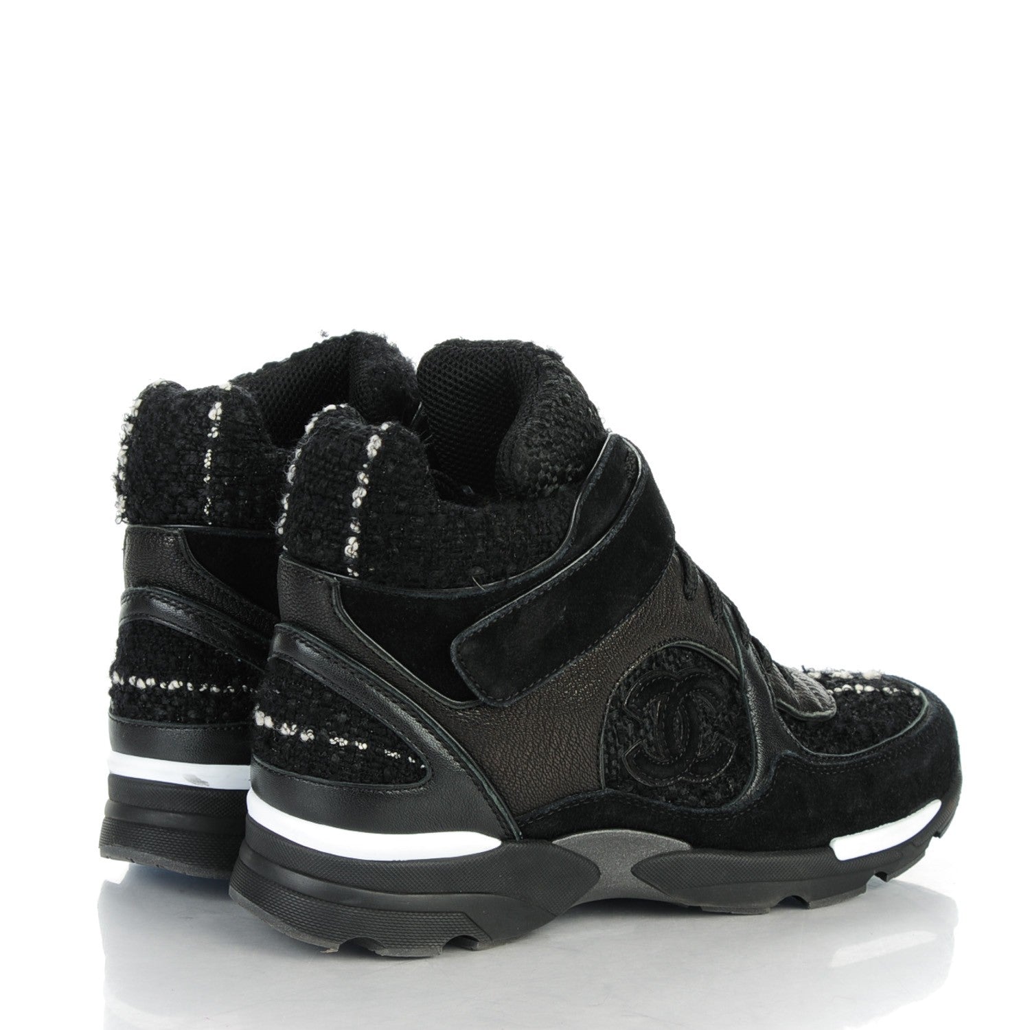 Chanel Tweed Suede Goatskin CC High Top Sneakers 37 Black White 4 of 7