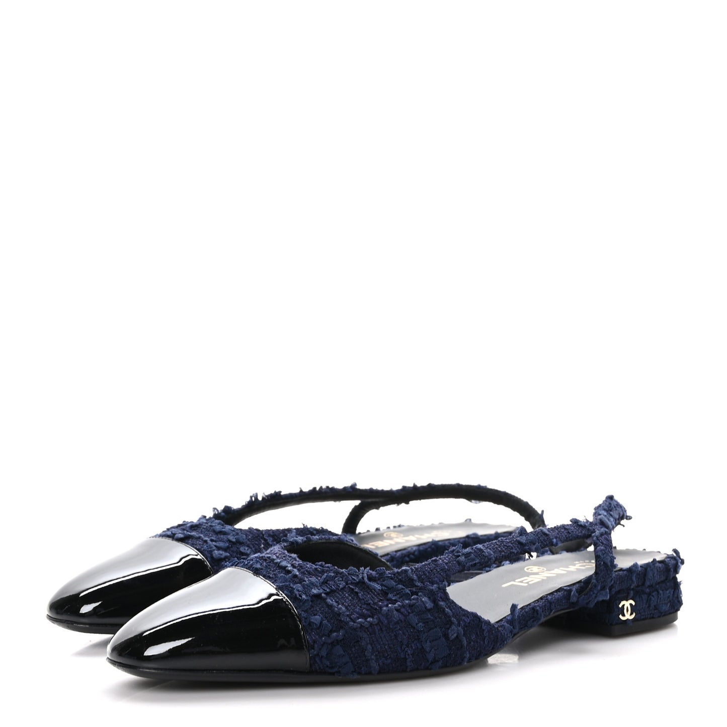 Tweed Patent Calfskin Cap Toe CC Slingback Flats 41 Navy Black
