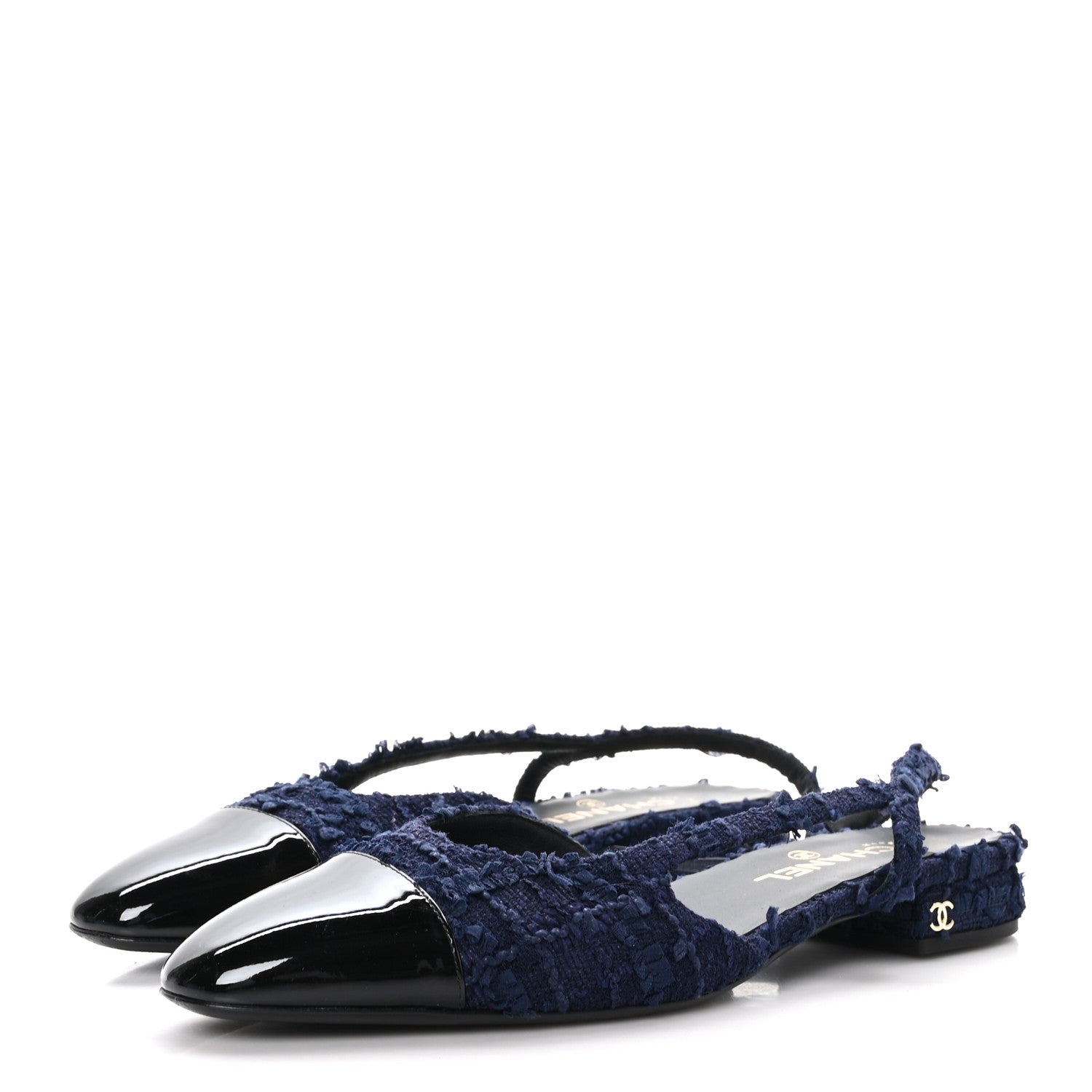 Chanel Tweed Patent Calfskin Cap Toe CC Slingback Flats 41 Navy Black 3 of 9