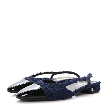 Chanel Tweed Patent Calfskin Cap Toe CC Slingback Flats 41 Navy Black 3 of 9