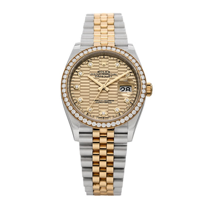 Rolex Stainless Steel 18K Yellow Gold Diamond Bezel 36mm Oyster Perpetual Datejust Watch Champagne Fluted 126283RBR 1 of 5