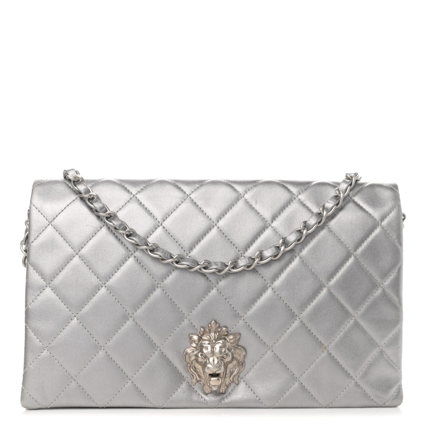 Metallic Lambskin Quilted Medium Leo Lion Flap Clutch Silver