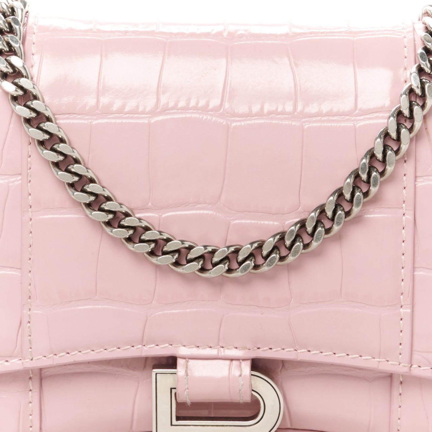 Shiny Calfskin Crocodile Embossed Hourglass Chain Bag Powder Pink