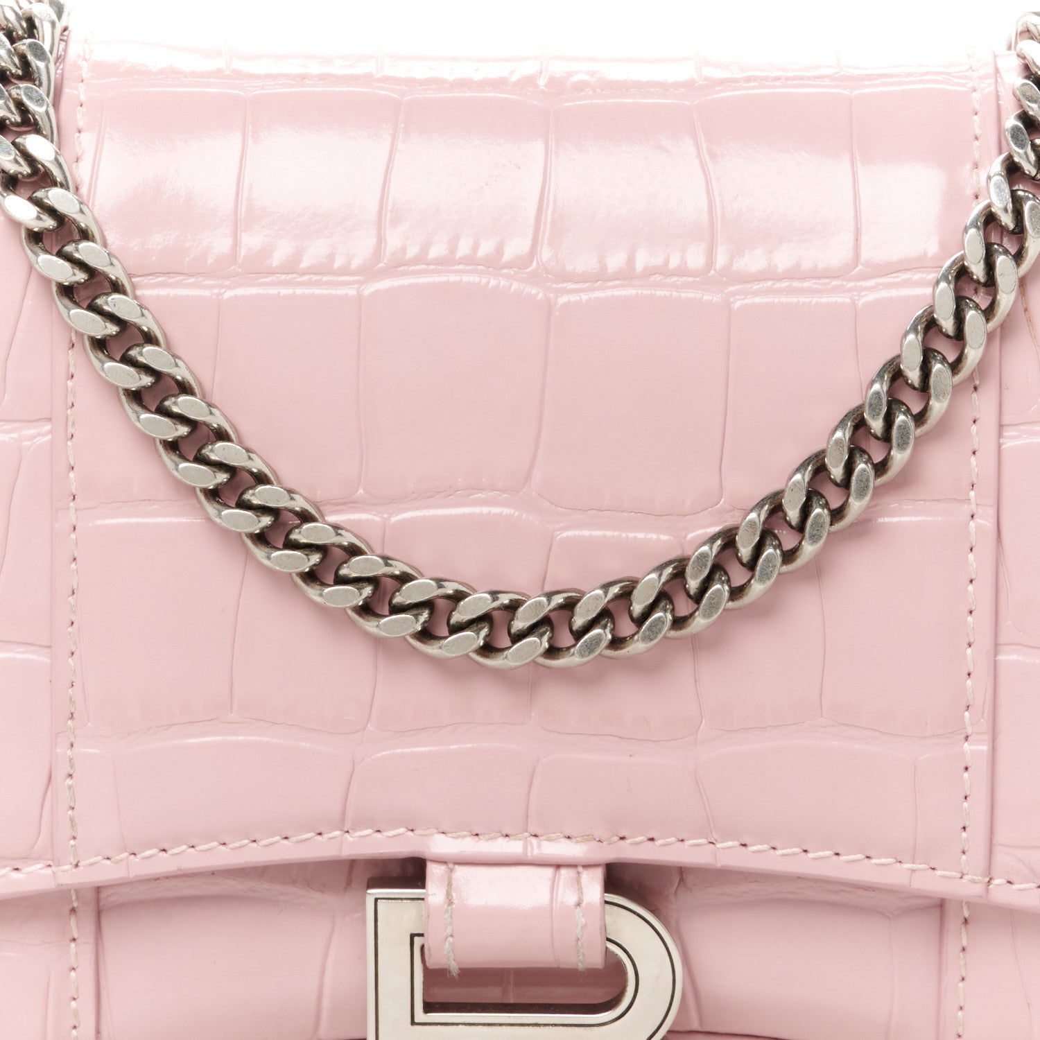 Balenciaga Shiny Calfskin Crocodile Embossed Hourglass Chain Bag Powder Pink 9 of 11