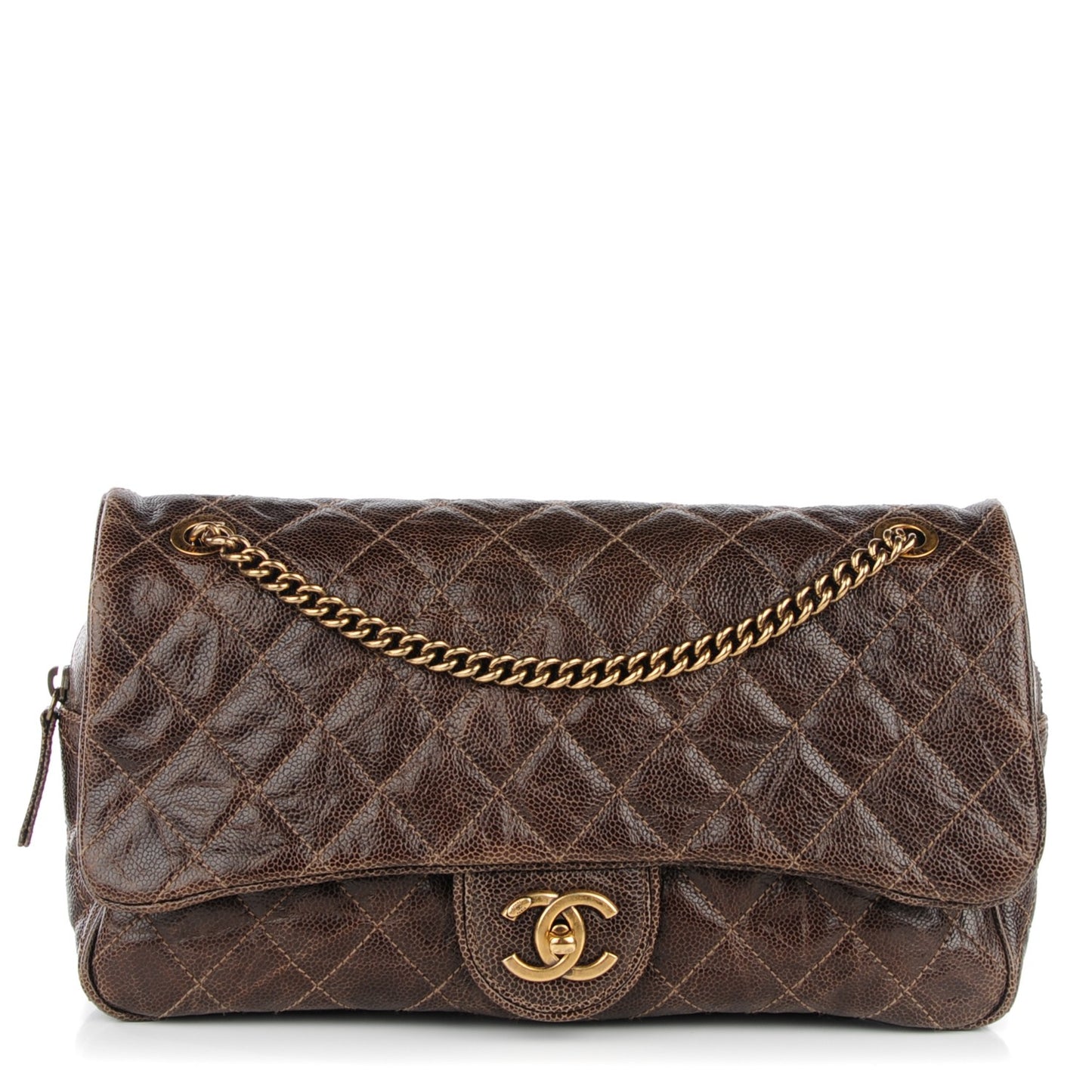 Crumpled Grained Calfskin Quilted Large Shiva Flap Brown
