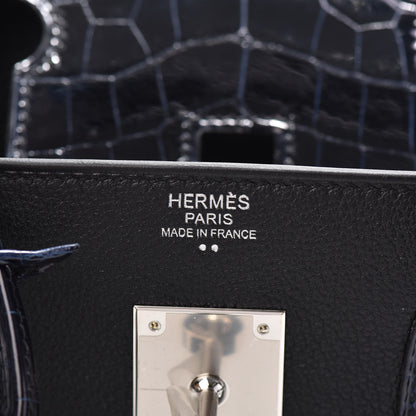 Hermes Taurillon Novillo Shiny Niloticus Crocodile Birkin Touch 30 Black Bleu Marine 13 of 29