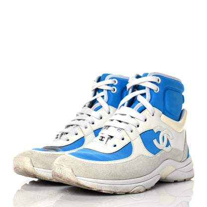 Chanel Suede Calfskin Lambskin High Top CC Sneakers 36 White Blue 3 of 7