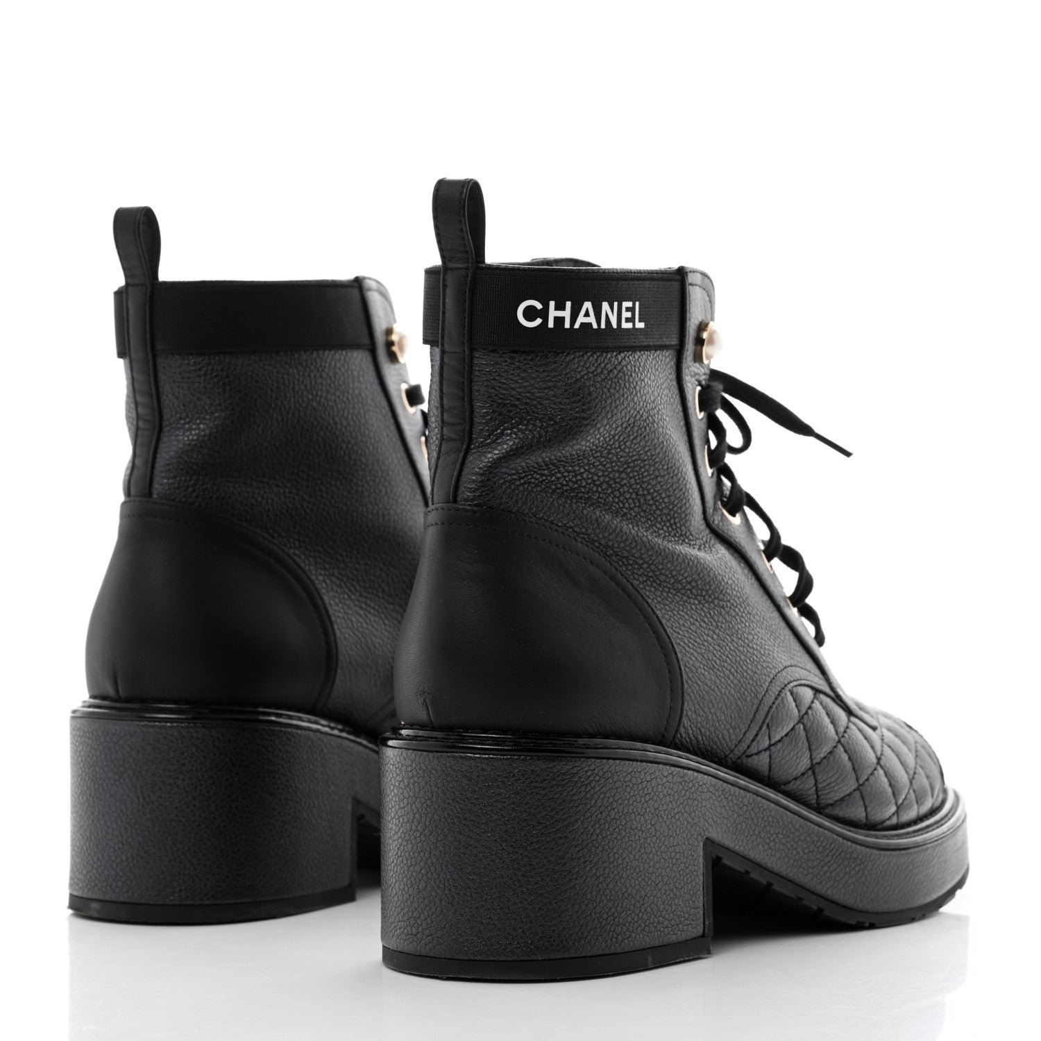 Chanel Pearly Calfskin Patent Calfskin Lace Up Combat Boots 38 Black 4 of 9