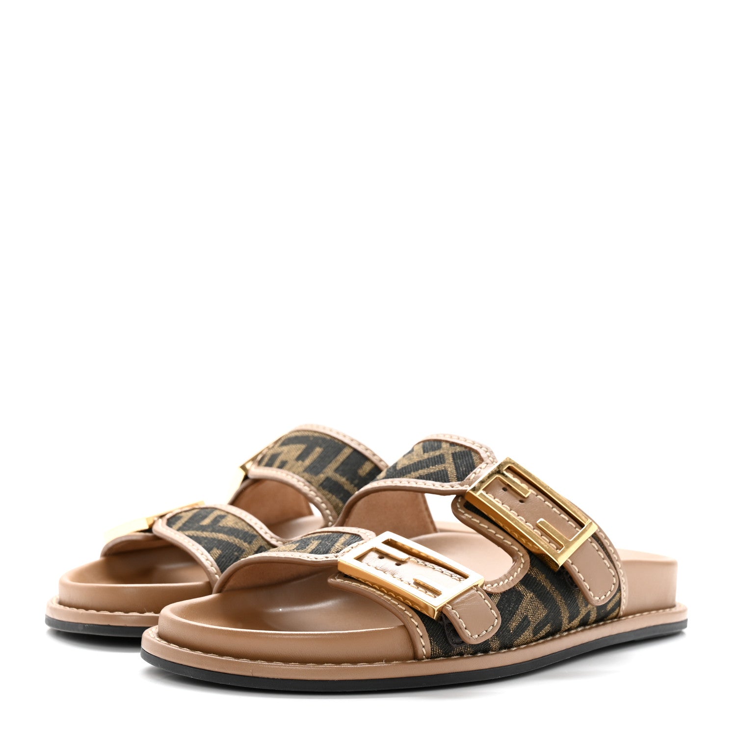 Fendi Fabric Jacquard Nappa FF Womens Fendi Feel Buckled Slide Sandals 37 Tobacco Black Miele Scuro 3 of 14