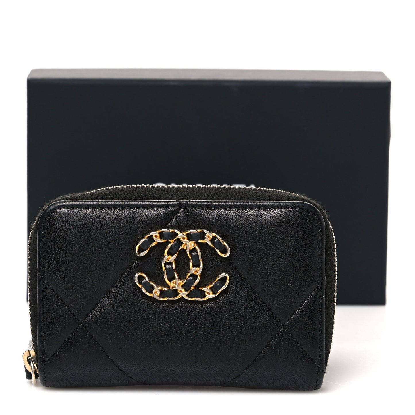 Lambskin Quilted Chanel 19 Zip Around Coin Purse Wallet Black