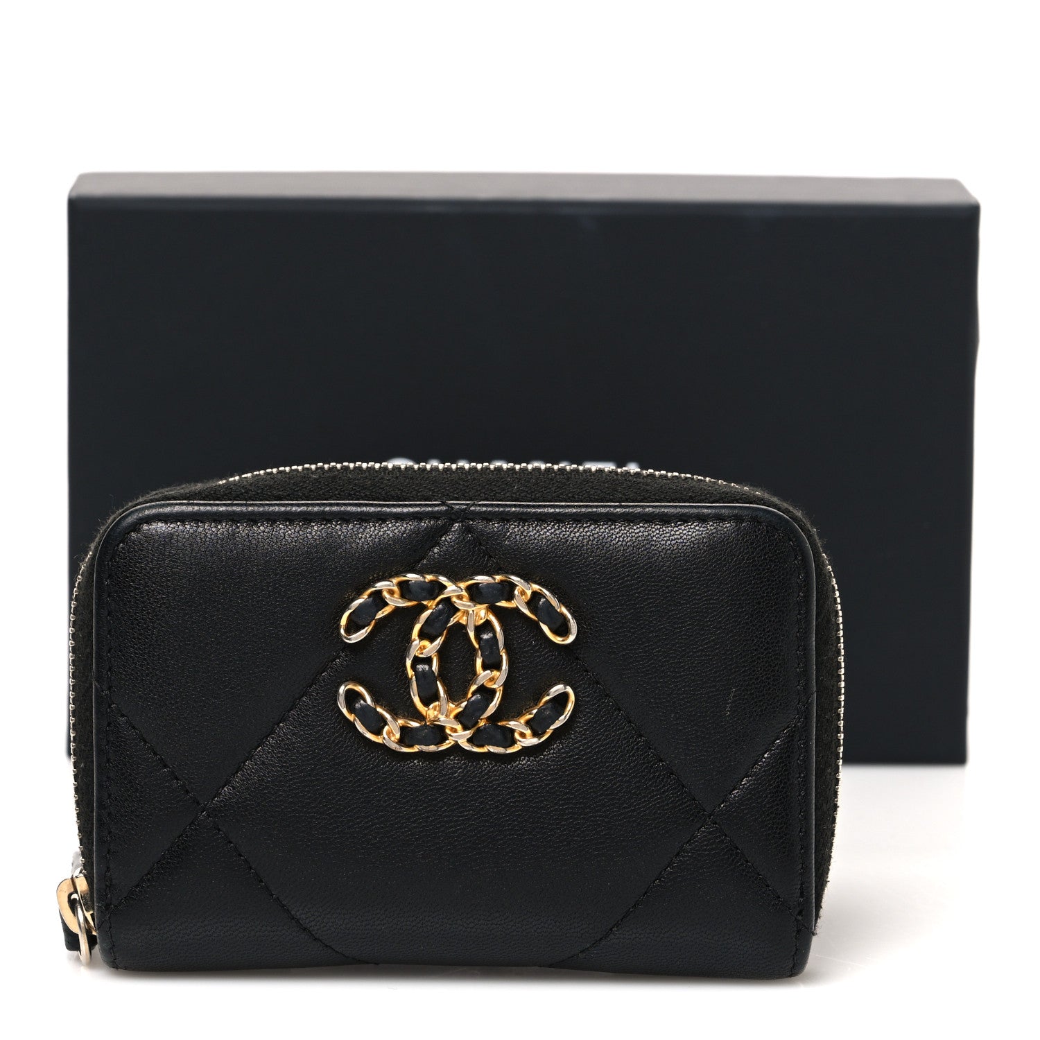 Chanel Lambskin Quilted Chanel 19 Zip Around Coin Purse Wallet Black 8 of 8
