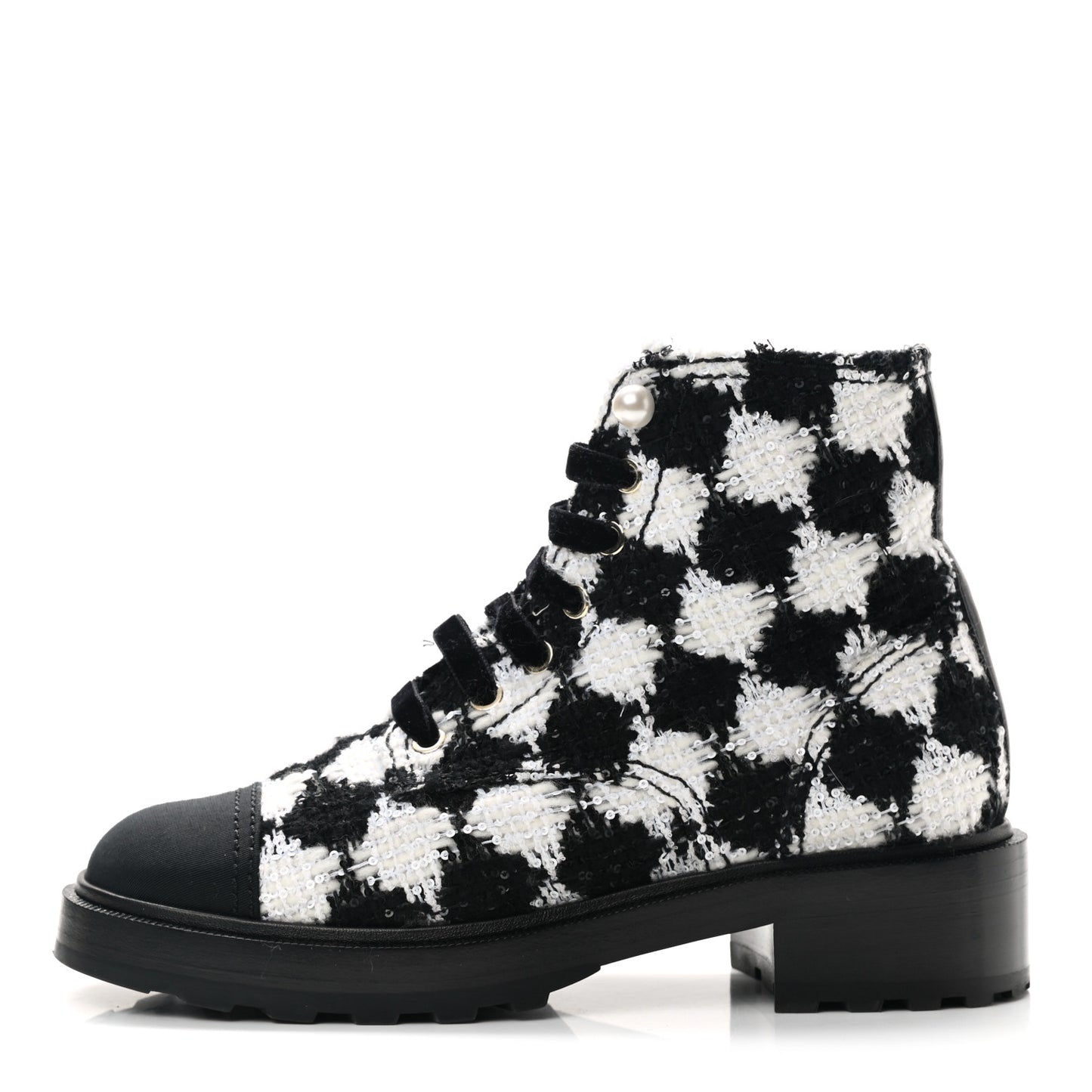 Tweed Grosgrain Pearl Combat Short Boots 38.5 White Black