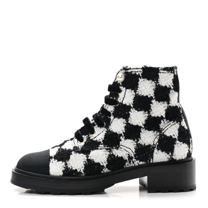 Chanel Tweed Grosgrain Pearl Combat Short Boots 38.5 White Black 1 of 8