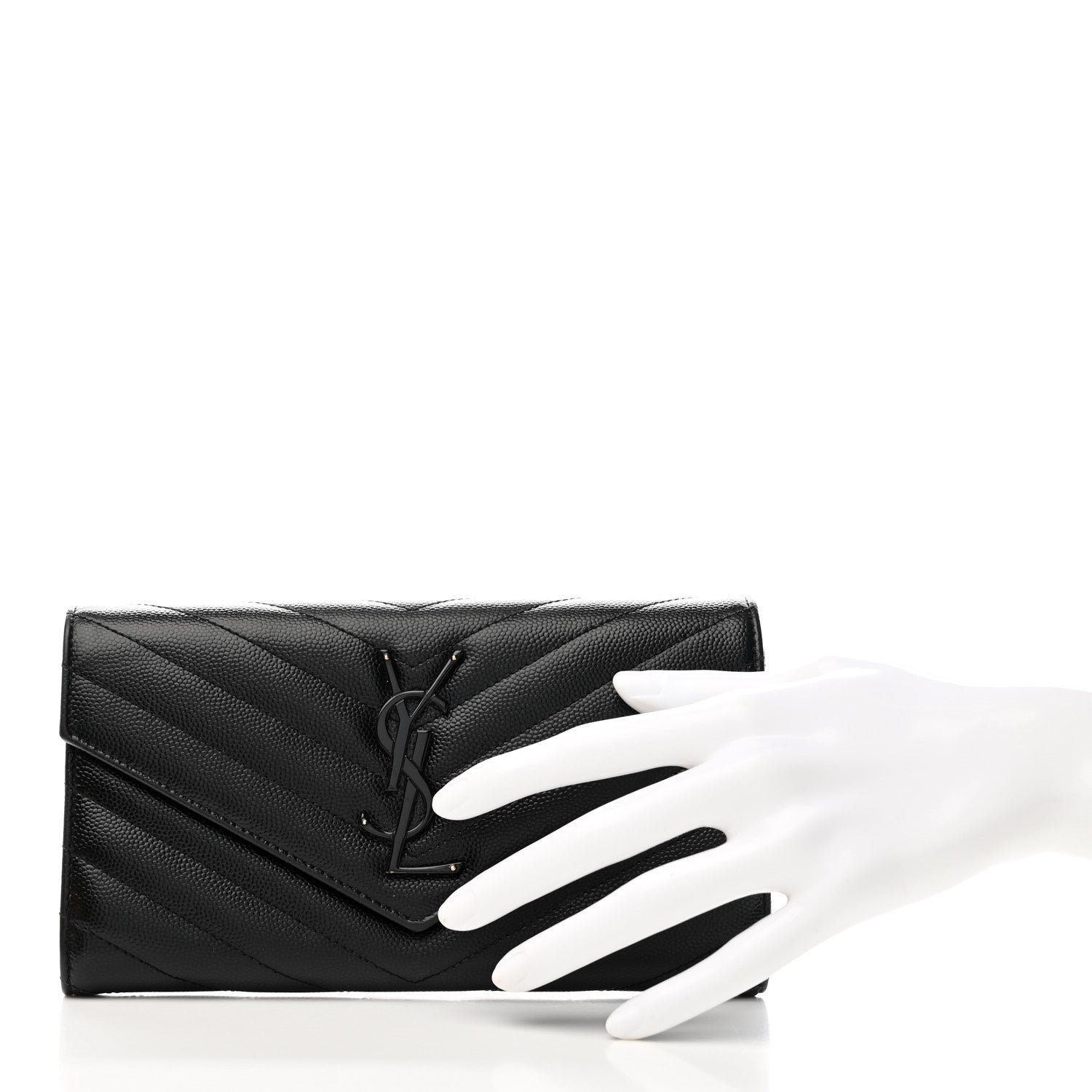Saint Laurent Grain De Poudre Matelasse Chevron Monogram Flap Wallet Black 2 of 9